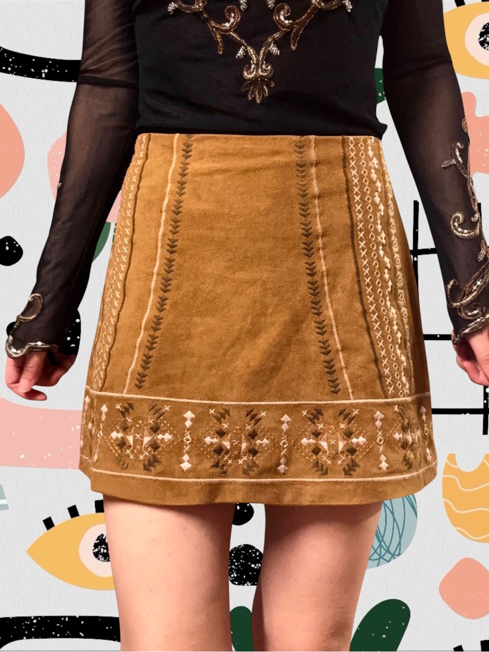 Abercrombie & Fitch | Tan Faux Suede Embroidered High Waisted Boho Mini Skirt